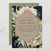 ネイビークラフト砂漠の多肉性のサボテンの結婚葉 招待状 (正面/裏面)