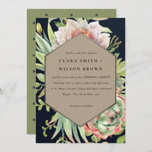 ネイビークラフト砂漠の多肉性のサボテンの結婚葉 招待状 (正面/裏面)