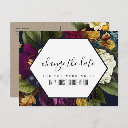 ネイビークラフトBURGUNDY結婚フローラの日付の変更 案内ポストカード (正面/裏面)