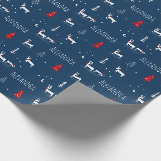 ネイビークリスマスウィンターウッドランド名前をカスタムする ラッピングペーパー (角)