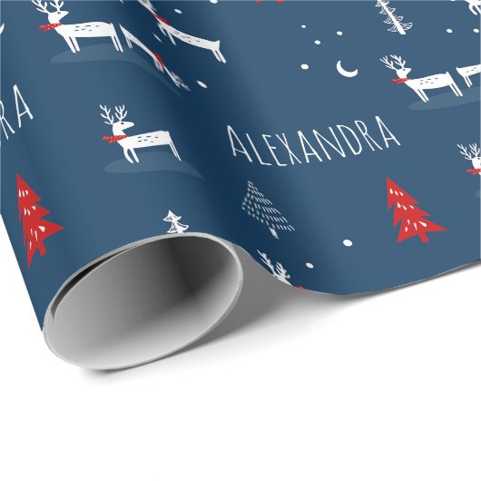 ネイビークリスマスウィンターウッドランド名前をカスタムする ラッピングペーパー (ロールコーナー)