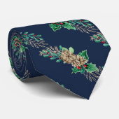 ネイビークリスマスパインコーンのヒイラギの葉ストライプの ネクタイ (ロール)