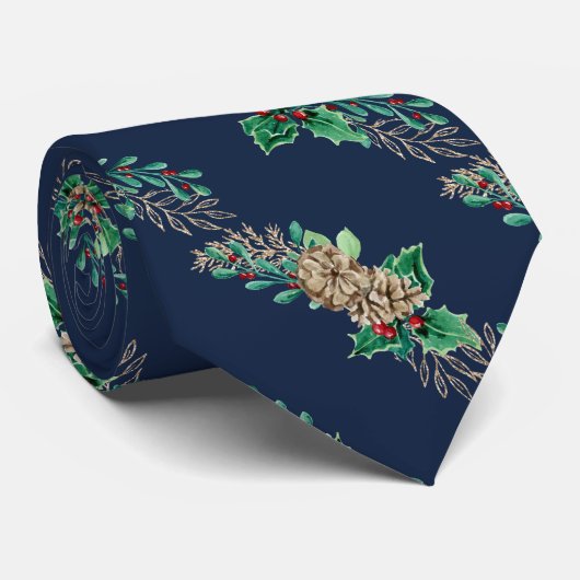 ネイビークリスマスパインコーンのヒイラギの葉ストライプの ネクタイ (ロール)