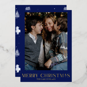 ネイビークリスマスフォトゴールドフォイル冬のトイル 箔シーズンカード