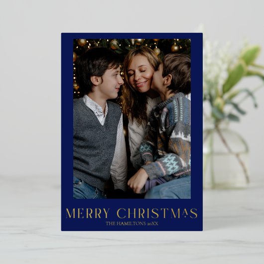 ネイビークリスマスフォトゴールドフォイル冬のトイル 箔シーズンカード (立ち正面)