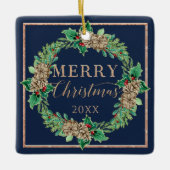 ネイビークリスマスリース提案ホリー葉の葉 セラミックオーナメント (正面)