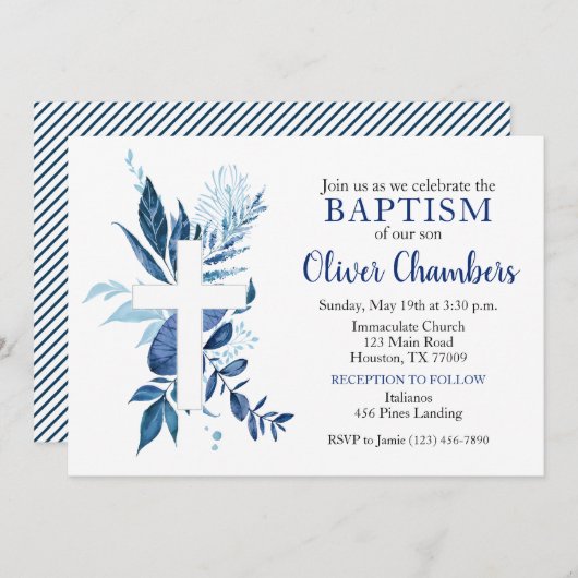 ネイビークロスボーイ素朴バプテスマ 招待状 (正面/裏面)