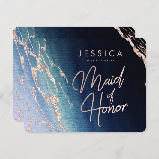 ネイビーグラデーションブルーアゲートがメイド・オブ・オーナー(花嫁付き添い人) 招待状 (正面/裏面)