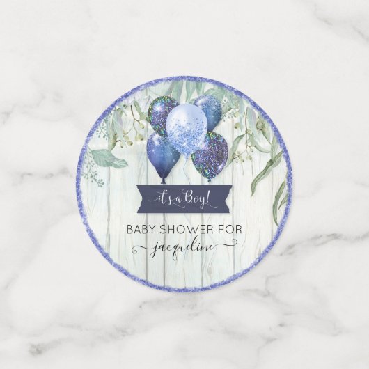 ネイビーグリッターバルーンユーカリ男の赤ちゃんシャワー コンフェッティ (スモール正面)