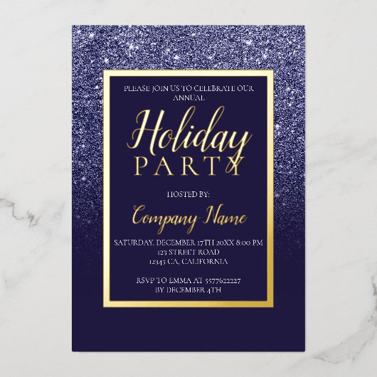 ネイビーグリッター金ゴールドビジネス企業のクリスマス 箔招待状 (正面)