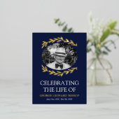 ネイビーグリーナリーフレーム楕円形フォト葬儀金ゴールド 箔招待状ポストカード (立ち正面)