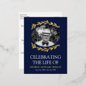 ネイビーグリーナリーフレーム楕円形フォト葬儀金ゴールド 箔招待状ポストカード (正面/裏面)