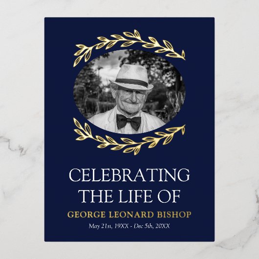 ネイビーグリーナリーフレーム楕円形フォト葬儀金ゴールド 箔招待状ポストカード (正面)