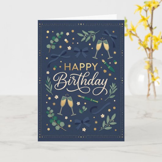 ネイビーグリーナリー 誕生日 カード (黄色い花)