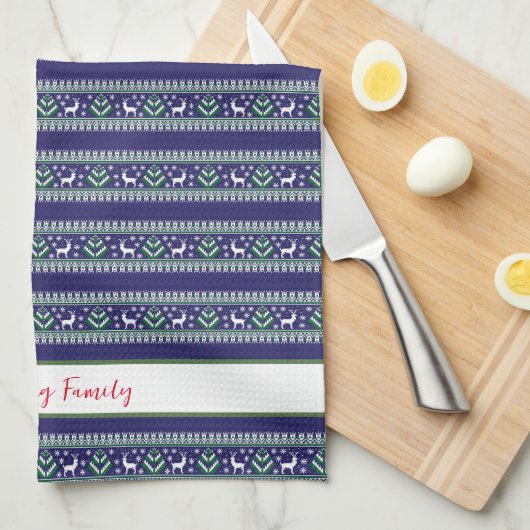 ネイビーグリーンとホワイトフェア島のクリスマス キッチンタオル (四つ折り)
