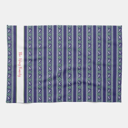 ネイビーグリーンとホワイトフェア島のクリスマス キッチンタオル (横)