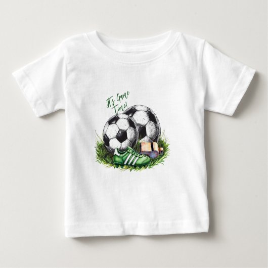 ネイビーグリーンのサッカーボール キッズ 水彩写真 ベビーTシャツ (正面)