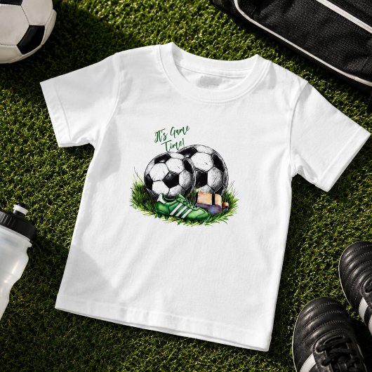 ネイビーグリーンのサッカーボール キッズ 水彩写真 ベビーTシャツ