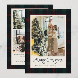 ネイビーグリーンのタータンチェックのクリスマス家族写真ホリデー シーズンカード