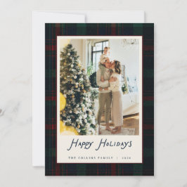ネイビーグリーンのタータンチェックのクリスマス家族写真ホリデー シーズンカード