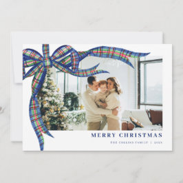 ネイビーグリーンのタータンチェックリボンのクリスマス 写真 ホリデーカード