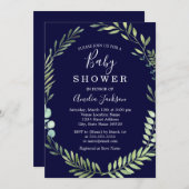 ネイビーグリーンウォーター色リースボーイベビーシャワー 招待状 (正面/裏面)