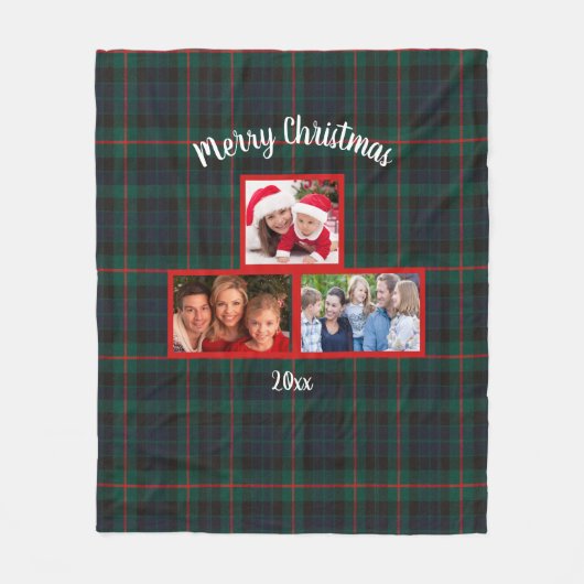 ネイビーグリーンタータンチェックプレイドメリークリスマスフォト フリースブランケット (正面)