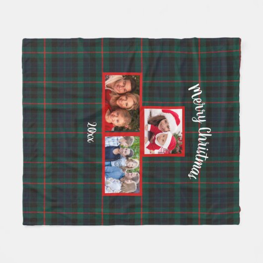 ネイビーグリーンタータンチェックプレイドメリークリスマスフォト フリースブランケット (正面(横))