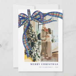 ネイビーグリーンタータンチェックボウクリスマスフォトホリデーカード シーズンカード