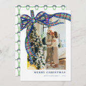 ネイビーグリーンタータンチェックボウクリスマスフォトホリデーカード シーズンカード (正面/裏面)