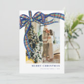 ネイビーグリーンタータンチェックボウクリスマスフォトホリデーカード シーズンカード (スタンド正面)
