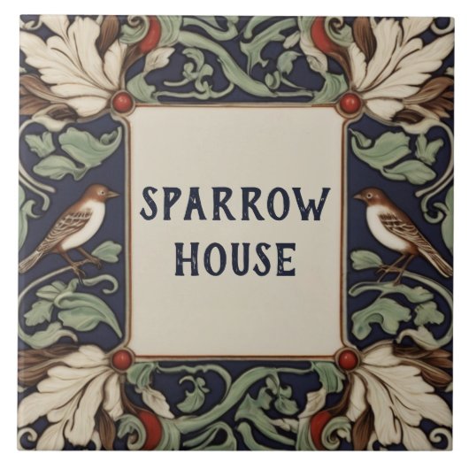 ネイビーグリーンバードハウスネームプラークプレート標識 タイル (正面)