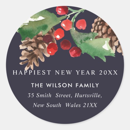 ネイビーグリーンホリーベリーパインコーン新年の住所 ラウンドシール (正面)