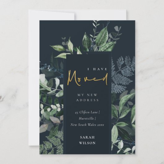 ネイビーグリーン金ゴールドの緑のフレーム私はカードを移動した サンキューカード (正面)