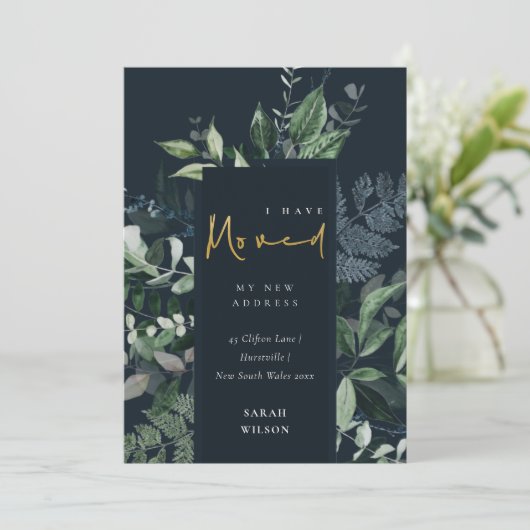 ネイビーグリーン金ゴールドの緑のフレーム私はカードを移動した サンキューカード (スタンド正面)