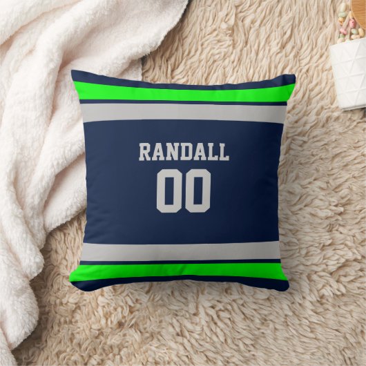 ネイビーグリーン&グレーサッカーチームパーソナライズされた クッション (ブランケット)