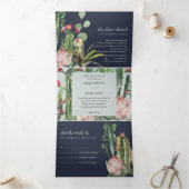 ネイビーグレイフローラサボテン葉水色結婚ズ 三つ折り招待状 (内部)