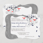 ネイビーグレーとコーラルのイニシャルが幹に愛の鳥 招待状 (正面/裏面)