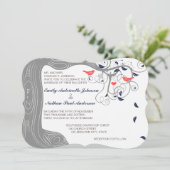 ネイビーグレーとコーラルのイニシャルが幹に愛の鳥 招待状 (スタンド正面)