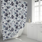 ネイビーグレーウォーター色クレマチスフローラルパターン シャワーカーテン