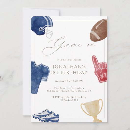 ネイビーゲームオンフットボールバースデー 招待状 (正面)