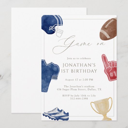 ネイビーゲームオンフットボールバースデー 招待状 (正面/裏面)