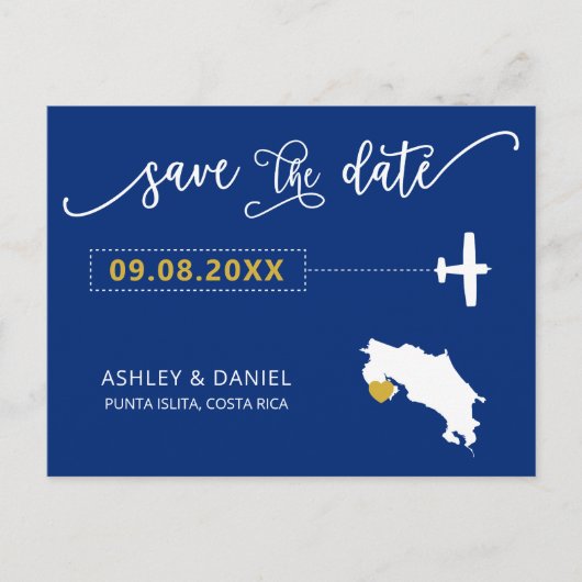 ネイビーコスタリカ結婚式Save the Date Mapはがき ポストカード (正面)