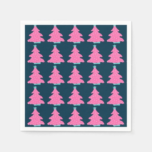 ネイビーコンテンポラリーブルーのピンクのクリスマスツリー スタンダードカクテルナプキン (正面)