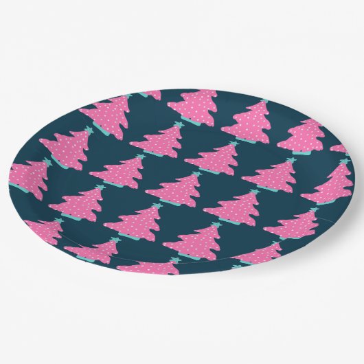 ネイビーコンテンポラリーブルーのピンクのクリスマスツリー ペーパープレート (アングル)