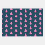 ネイビーコンテンポラリーブルーのピンクのクリスマスツリー ラッピングペーパーシート (正面3)