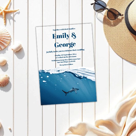ネイビーコースタルザシーシャークビーチ結婚式 アクリル招待状