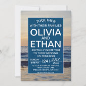 ネイビーコースタルシースケープサンセットサマービーチ結婚式 招待状 (正面)