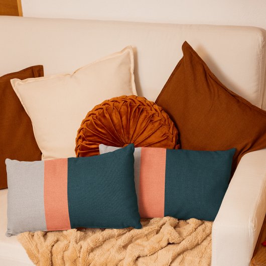 ネイビーコーラルグレーカラーブロック ランバークッション