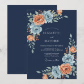 ネイビーコーラルフラワーブーケの結婚式 招待状 (正面/裏面)